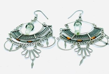 Pierced Silvertone Dangling Earrings With Quartz Gemstones