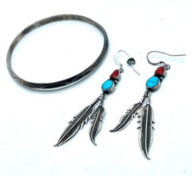Silver Pierced Earrings With Turquoise & Coral Gemstones & Feather Design. Sterling Bangle Bracelet.