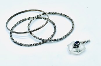 Sterling Bangle Bracelets. Silver Pendant With Black Gemstone Marked 825.