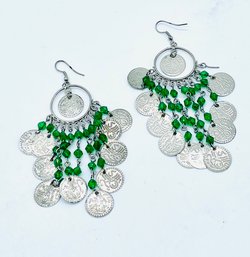 Pierced Silvertone Dangling Earrings With Green Gemstones. One Post Is Missing Piece. See Photo.