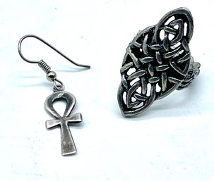 Sterling Silver Egyptian Ankh Pierced Earring. Ring Magnet Tested Silver-no Markings. Ring Is Adjustable.