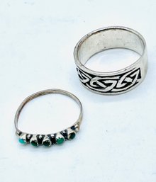 Ring With Green Gemstones. Ring With Geomatric Design. Magnet Tested Silver. No Markings.