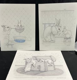 Three Rabbit Prints Of Pencil & Color Pencil Drawings Signed By Sue Rupp & Numbered. Dated 1985-1987