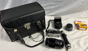 Rollei 35 Camera (untested) And Miscellaneous Camera Accessories With Bag (11x6x8)