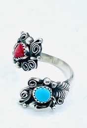 Sterling Turquoise And Coral Ring. Magnet Tested Silver. No Markings. 6.68g