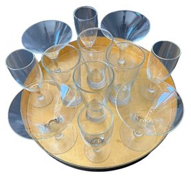 Classic Set Of Champagne Glasses, Martini Glasses, Small Beer Glasses,  And Gold Tray - 13'