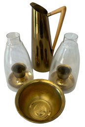 Vintage Brass Pitcher/Vase, Serving Bowl And A Pair Of Candle Holders