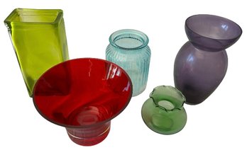 A Bundle Of Colorful Glass Vases And Bowls 5 Pcs