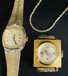 Vintage Ladies  Watches, Untested, One Needs Wristband, Goldtone, 14K Gold Chain Italy - Lucerne, Waltham