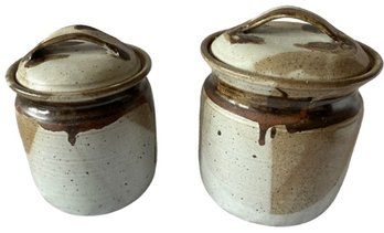 A Pair Of Glazed Pottery Storage Containers Signed By Artist - 8x8x10