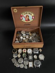 Lot Of Vintage Watch Heads, No Wristbands, Includes Variety Of Backings. Watches Untested. Cigarbox Included.