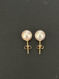 Pair Of 14K Yellow Gold, Cultured Pearl, Pierced, Solitaire Earrings- 2g