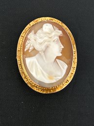 10K Yellow Gold, Shell Cameo Brooch With A Florentine Finished, 2mm, Machine Engraved Edge- 5.81g