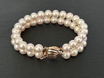 7 Inch Bracelet Akoya Pearl Bracelet With 2 Yellow Gold, Spacer Bars & 14K Yellow Gold Clasp