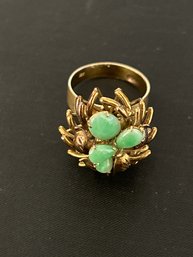 14K Yellow Gold And Multi  Leaf, Floral Jade Ring (3ct Jems)- Size 4.5, 7.67g, Marked 12K But Tests 14K