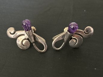 Pair Of Sterling Silver And 4ct Amethyst, Spratling Era Earrings, Each With Single Flower- 7.29g