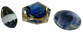 Elegant Glass Egg, And 2 Cobalt Dichroic Paperweights - Largest Is 5x5x3