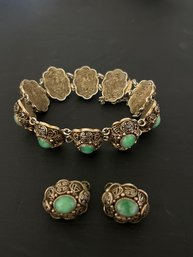 7in Silver And Jade Bracelet And Earring, Demi Parure, Total Gemstone Weight: 30.00 Ct