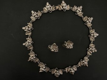 Sterling Silver, Necklace And Earring, Demi Parure, Uxmal Taxco Grape Bunch And Leaf, Circa 1940s