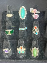 10 Silver Toned Rings With Gems
