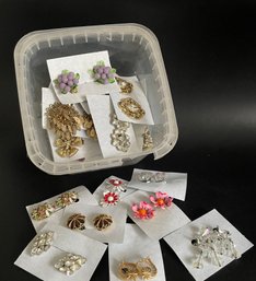 Container Of Vintage Clip Earrings. Goldtone. Silvertone. Many Styles. Many Colors.