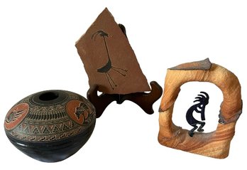 A Trio Of Southwest Home Decor:  Pottery Bowl, Kokopelli Art Sculpture, Stone Art