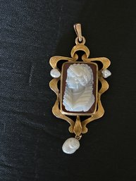 14K Yellow Gold, Pearl And Hardstone Cameo Pendant, 5.04g