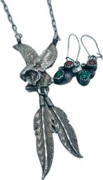 Eagle With Feathers Pendant On Chain, Gemstone Pierced Earrings. Both Magnet Tested Silver, But No Markings