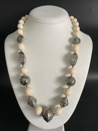Necklace, Creamy White Beads With Silvertone