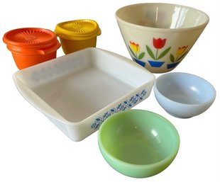 Retro Fire King Tulip Mixing Bowl, 2 Small Mixing Bowls, Casserole Dish, Tupperware Storage Containers