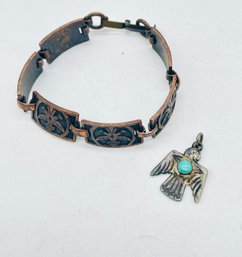 Sterling Pendant With Gemstone. Copper Tone Bracelet.