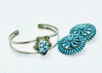 Bracelet With Turquoise. Magnet Tested Silver No Markings.14.48g.  Clip Earrings With Turquoise.