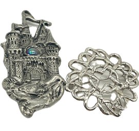 Castle Pendant With Gemstone. Decorative Brooch. Silvertone.