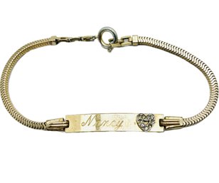 Gold Bracelet, Engraved Nancy & Heart Gemstones. Chain Portion Of Bracelet Not Gold. See Photo For Markings.