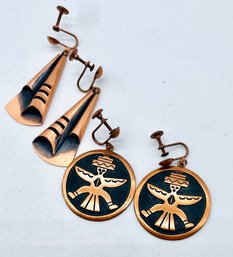 Copper Color Metal Clip Earrings Southwest Style