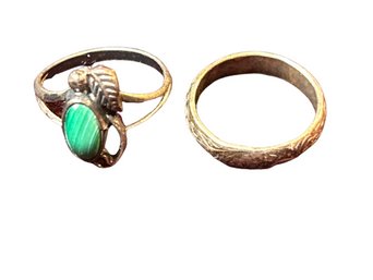 Silver Rings- One Band With Floral Design, One With Green Stone & Leaf Accents, Size 5