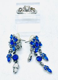 Sterling Ring With Gemstones. Silvertone Pierced Earrings With Blue Gemstones. 2.43g