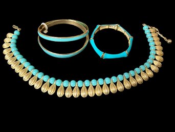 Greenish-blue Bangles & Necklace(16in) With Gold Colored Accents- 6 Piece Bracelet Has Elastic In It