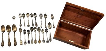 Vintage Lane Small Wooden Box By Turk Furniture And Set Of Spoons, Some Sterling & Some Silver Plated