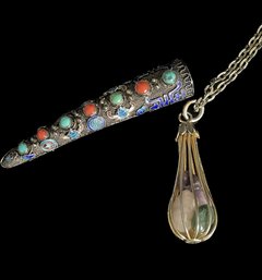 Sterling, Coral, Turquoise Pendant. Goldtone Pendant With Gemstones & Chain. Chain Is 13 Inches