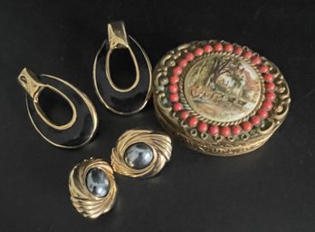 Goldtone And Coral Container, Made In Italy. Pierced Earrings - Black And Goldtone, Pewter And Goldtone