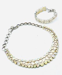 Matching Bracelet And Necklace, Silvertone & Goldtone, Leaf Design In Light Greens And Yellows