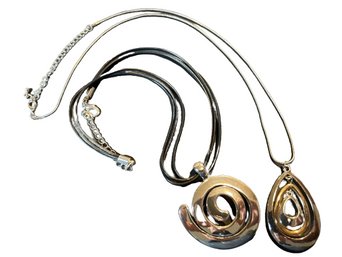 Black Cord Swirl Necklace (19) & Silver Colored 3 Piece Pear Shaped Necklace (23.5)- Pendants Are 2 Tall