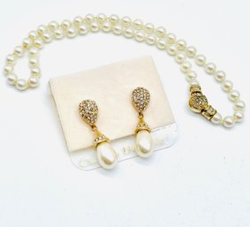 14K Gold Posts. Christian Dior. Drop Pierced Earrings & Choker.  Faux Pearls & Gemstones.