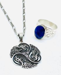 Sterling Ring With Blue Gemstone. Sterling Pendant. See Photos For Markings. Chain Is Silvertone.