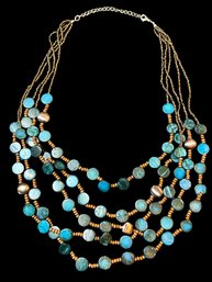 Blue Circle Beaded 5 Strand Necklace- Base Chain Is 21.5