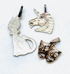 Sterling Pendants. Magnet Tested Silver No Markings. Cat. Unicorn. Theater Masks 5.02 G