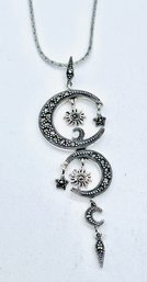 SS Marcasite Celestial Dangling Pendant. Sterling. See Photo For Markings. Chain Is Silvertone. 5.41 G
