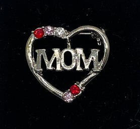 'mom' Heart Brooch. Red, Pink & Clear Gemstones. Silvertone. Made In China.