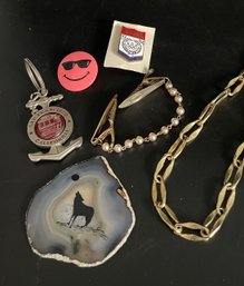 Goldtone Chain Necklace, 1984 Olympics & Happy Face Pin, Souvenir Stone Wolf Design, Collar Clip, Keychain